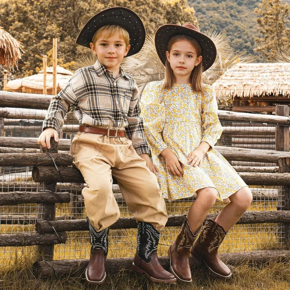 ⚡Kids Brown Synthetic Cowboy Western Riding Shoes Square Toe Wide Calf Boots